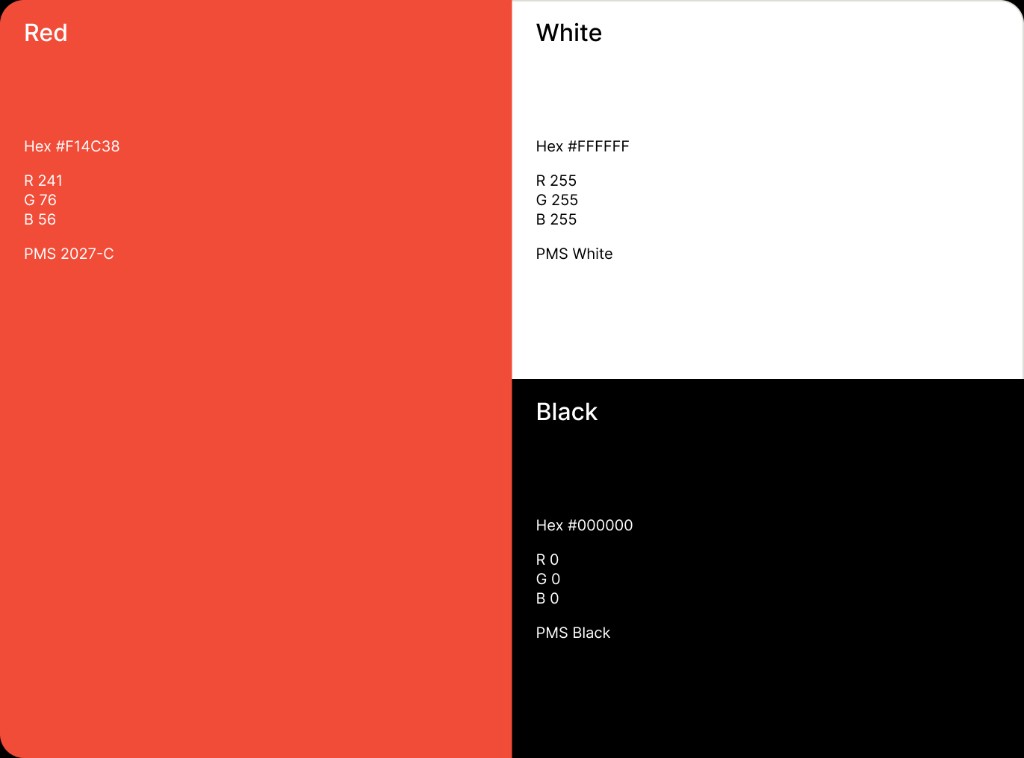 Ninjaneers red, white, and black with hex, RGB, and Pantone values