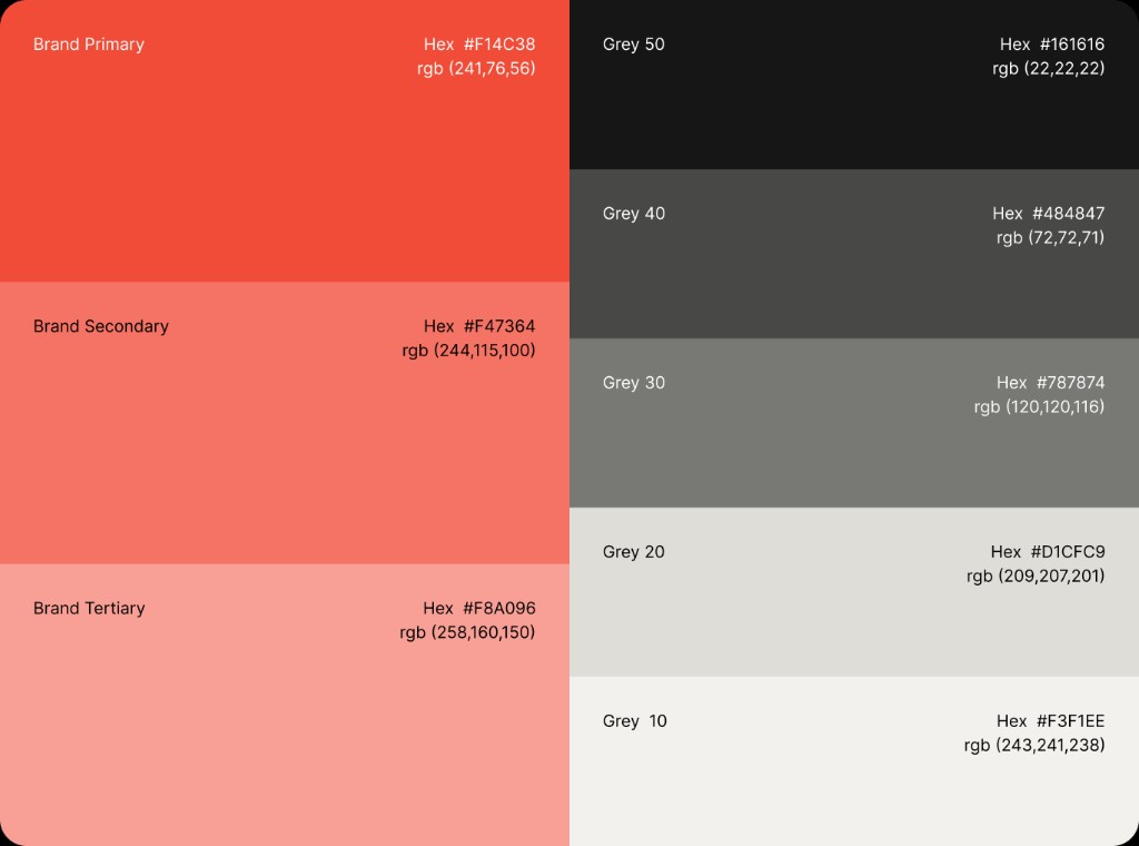 Ninjaneers brand and grey colour palette with hex and RGB values