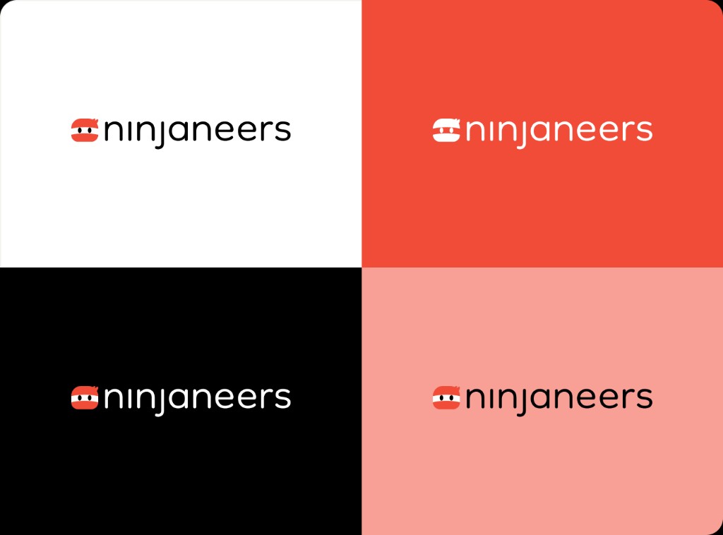 Ninjaneers logo on white, red, black, and light pink backgrounds